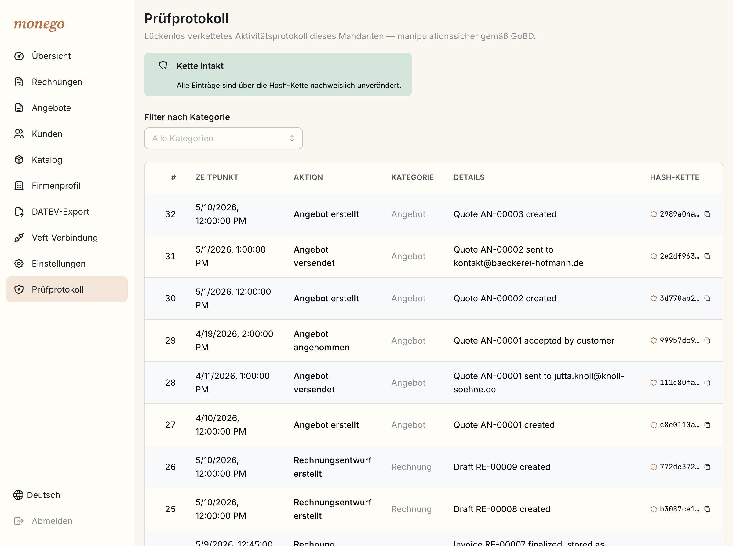 Prüfprotokoll mit hash-verketteten Einträgen und Status „Kette intakt“