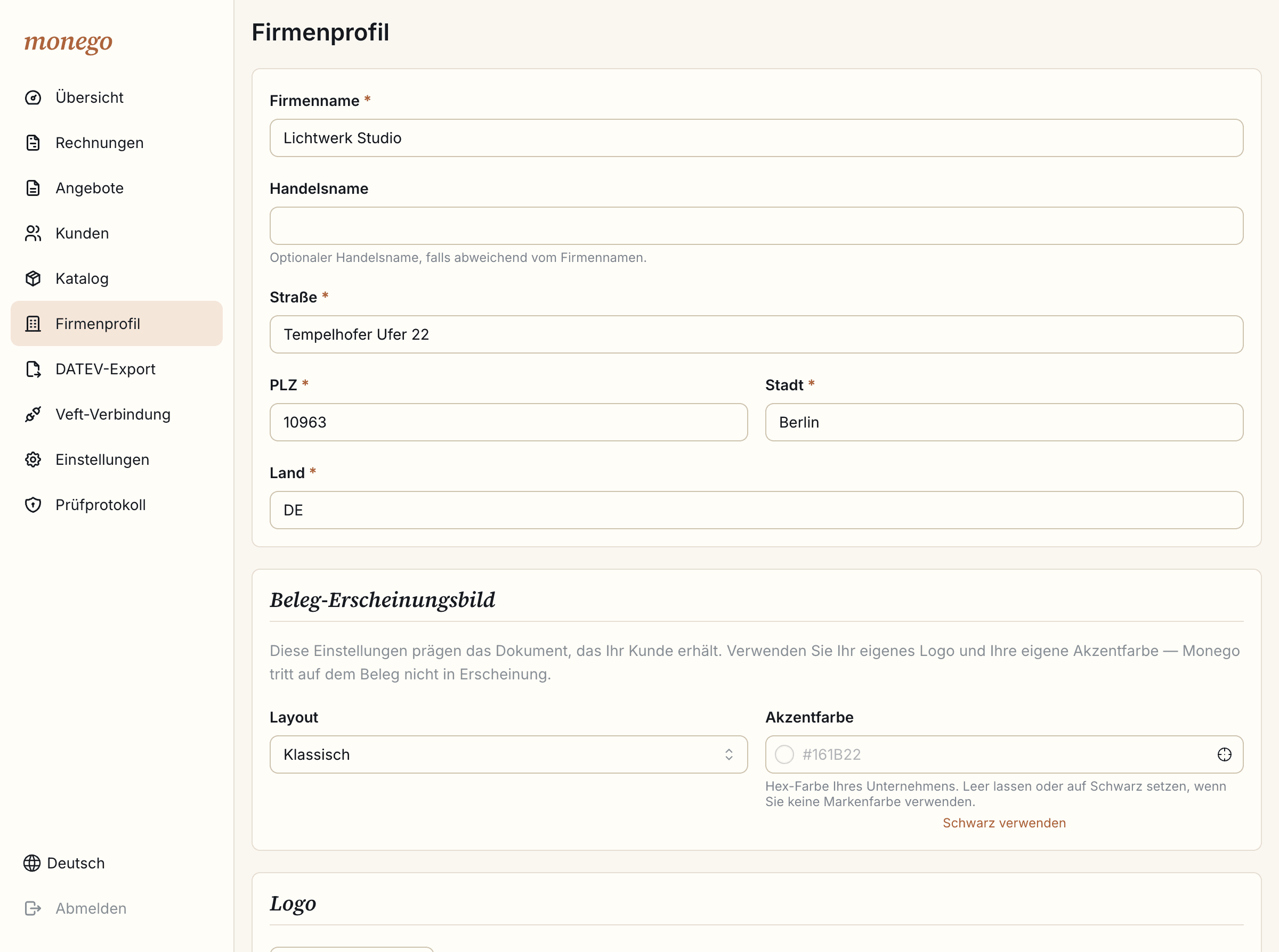 Firmenprofil-Formular mit Anschrift, Layout und Logo-Upload