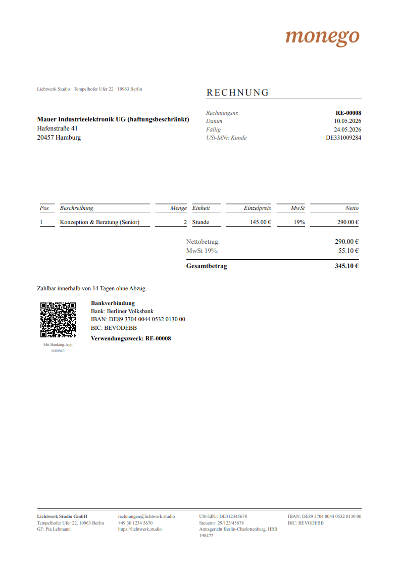 Produktansicht: Rechnung mit ZUGFeRD-PDF/A-3 + XML