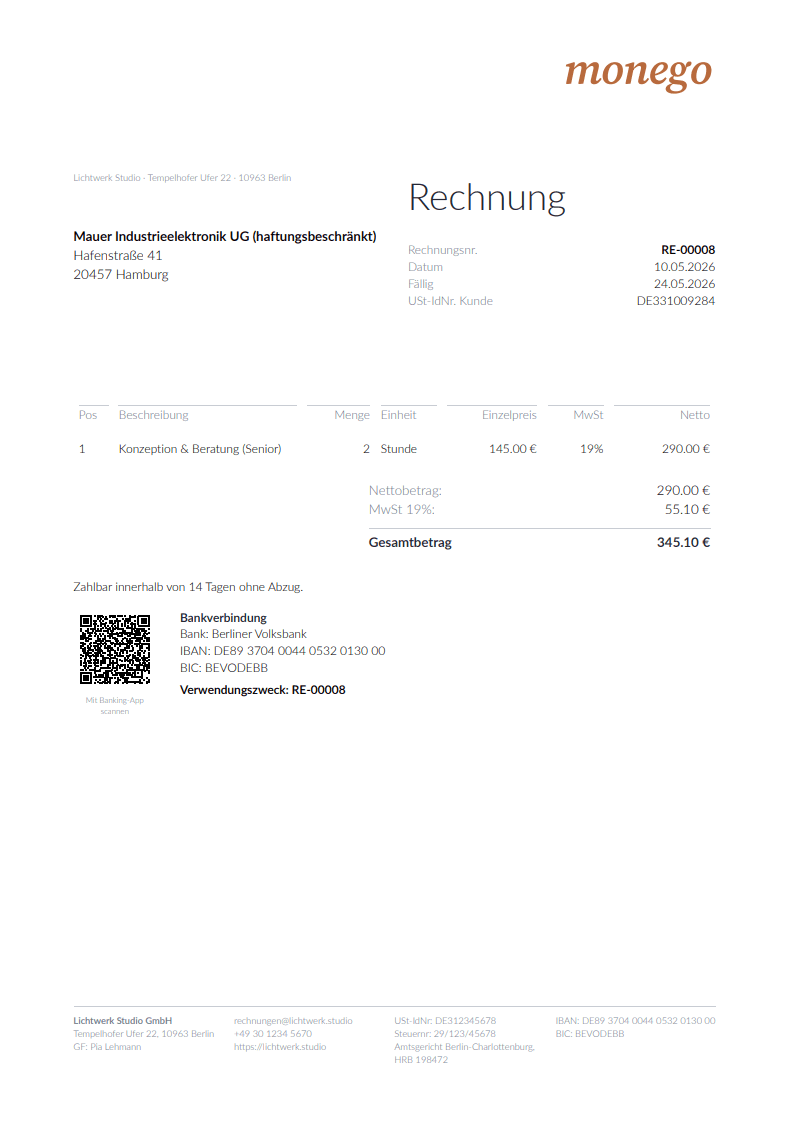 Rechnungslayout „Minimal“ mit leichter Typografie