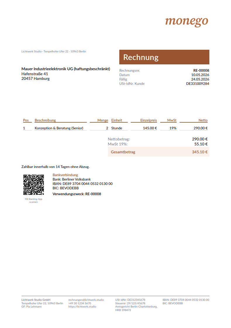 Rechnungslayout „Modern“ mit farbigem Titelbalken
