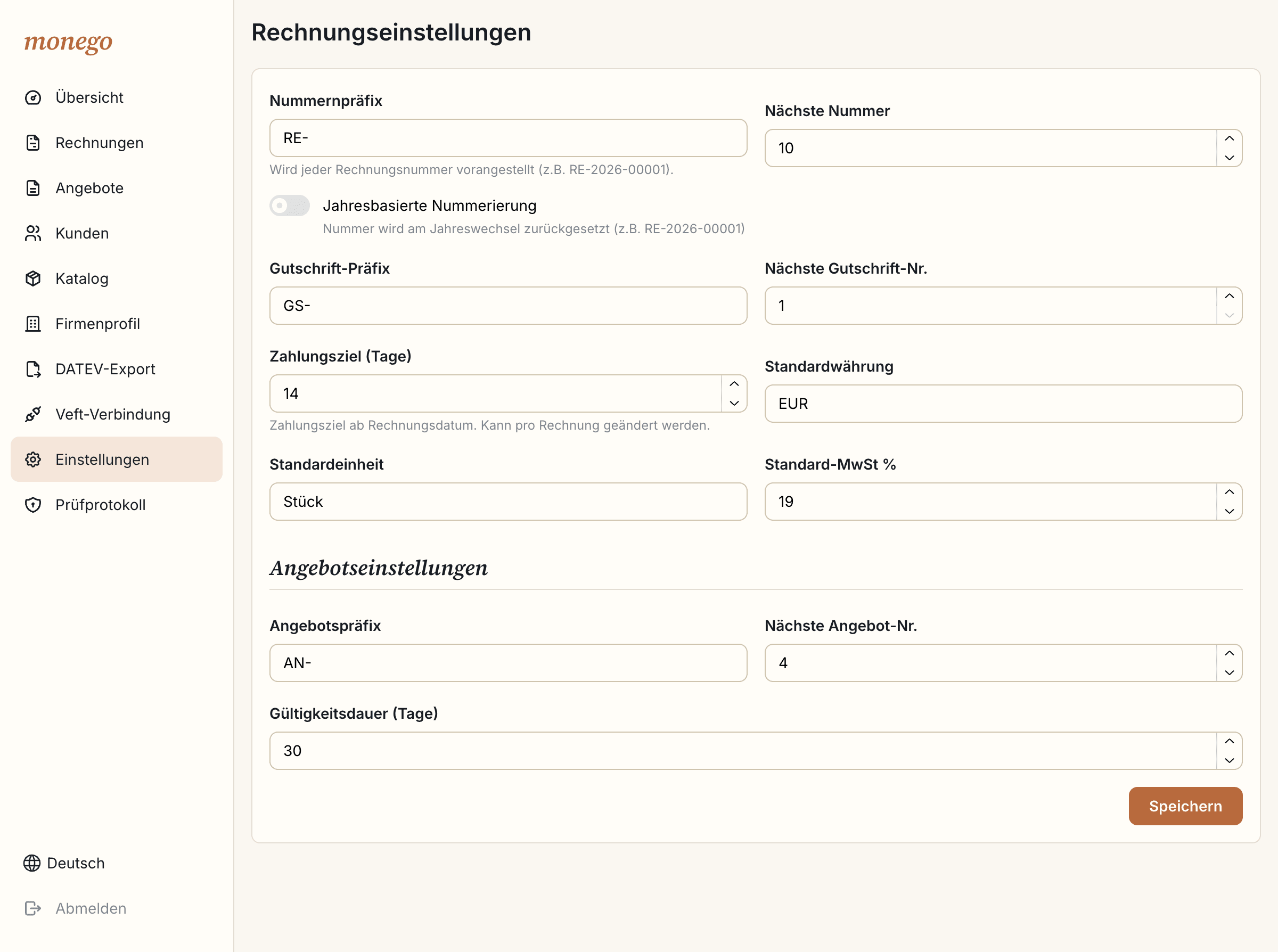 Rechnungseinstellungen mit Nummernpräfix, Zahlungsziel und Standardsteuersatz