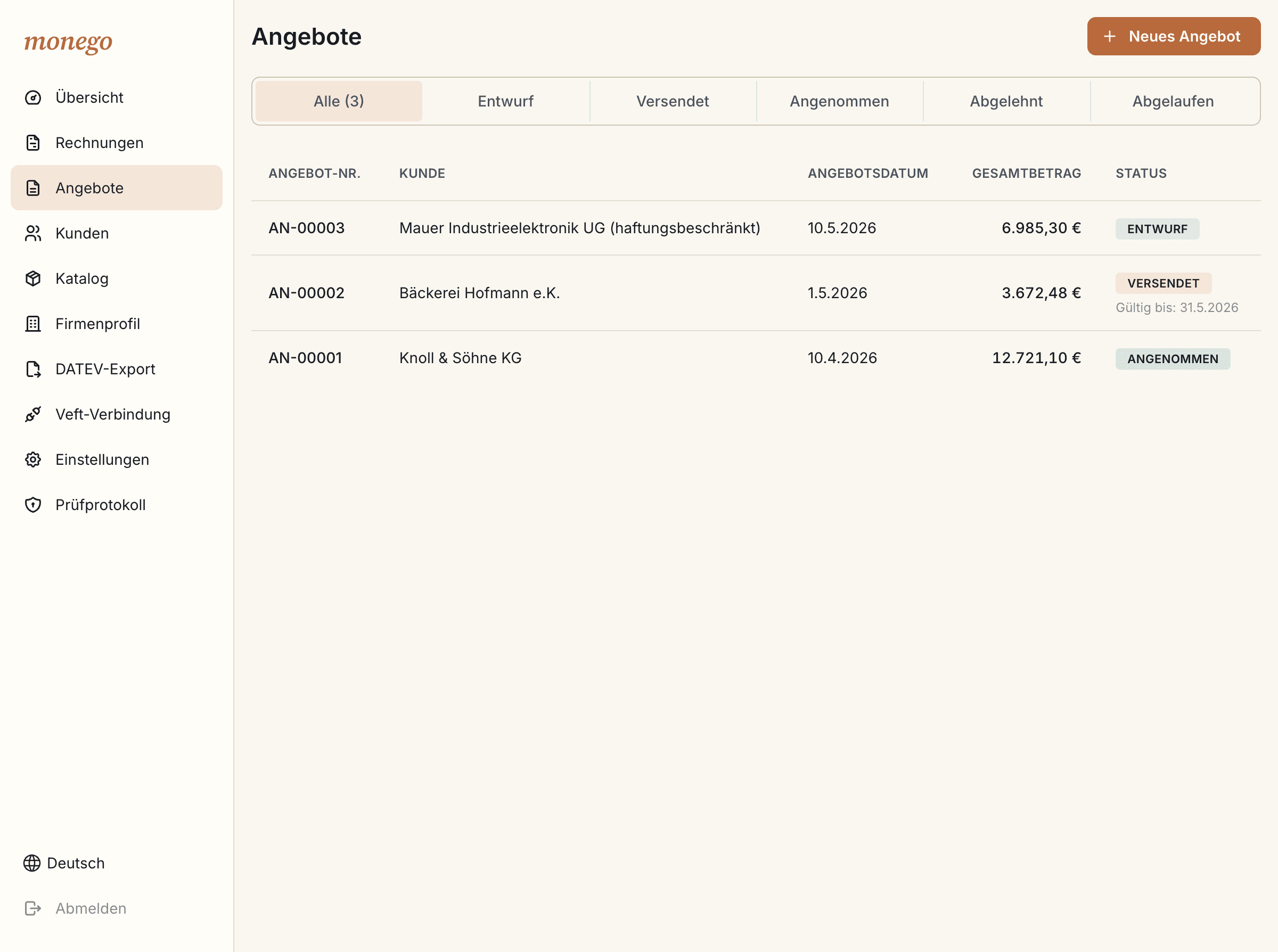 Angebotsliste mit Status angenommen, versendet, entwurf